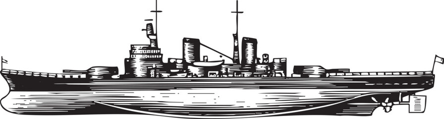 Obraz premium vintage black and white depicts a naval ship sailing on the water.