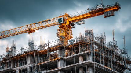 Construction Site Under a Dramatic Sky with Tower Crane and Steel Structure