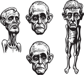 Four grayscale portraits depict elderly men with varying degrees of emaciation and facial wrinkles.