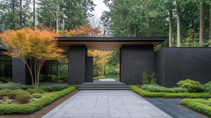 Fototapeta premium Modern home entrance with dark brick facade and landscaped gardens.