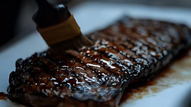 Grilled steak close up of dark glossy meat with grill marks