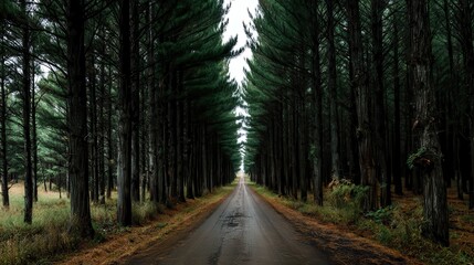 Scenic Road Disappearing into the Distance Among Tall Pines