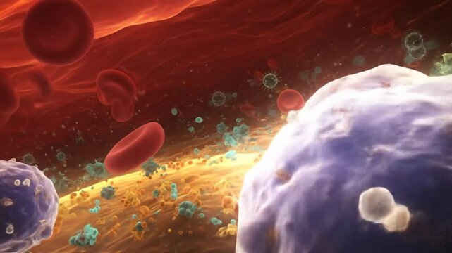 Immune cells fighting pathogens in blood vessels