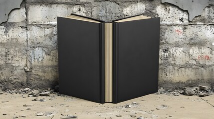 Mysterious Black Book Against Old Wall Background