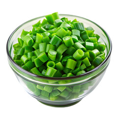 chopped green onions in a glass bowl with transparent background 
