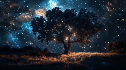 Majestic Tree Under Starry Sky with Cosmic Background and Lights