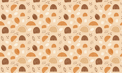 Seamless Boho Abstract Pattern Rainbows and Organic Seeds Earth Tone Brown Orange