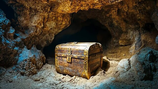 Antique wooden treasure chest in a cave