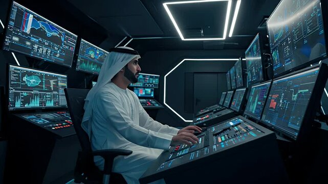 Futuristic control room with a person in traditional attire operating numerous displays