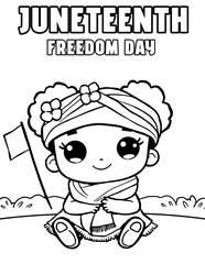 Cute Cartoon Character with Headwrap and Flag Celebrating Juneteenth Freedom Day Coloring Page