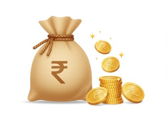 Money bag with rupee symbol and coins isolated on white background