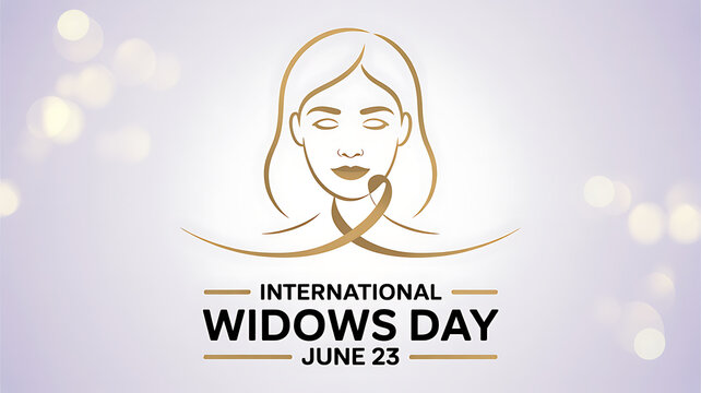 Gold outline of a woman with awareness ribbon curve for International Widows Day on June 23, featuring centered text and realistic flat colors