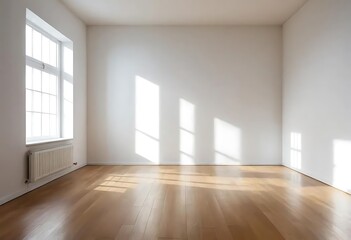 Fototapeta premium Bright Sunlight Streaming into Pristine Empty Room with Wooden Floor