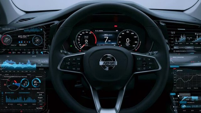 Modern car dashboard with advanced digital displays showing speed, navigation, and performance metrics - Powered by Adobe
