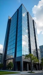 Modern office building facade with sleek glass and steel design, reflecting city skyline Perfect for corporate, real estate, and architecture projects , design, modern architecture