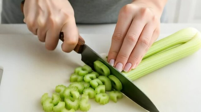Chopping fresh celery for healthy recipes in a bright kitchen setting