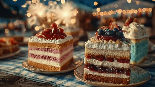 Delicious layered cakes with berries and cream