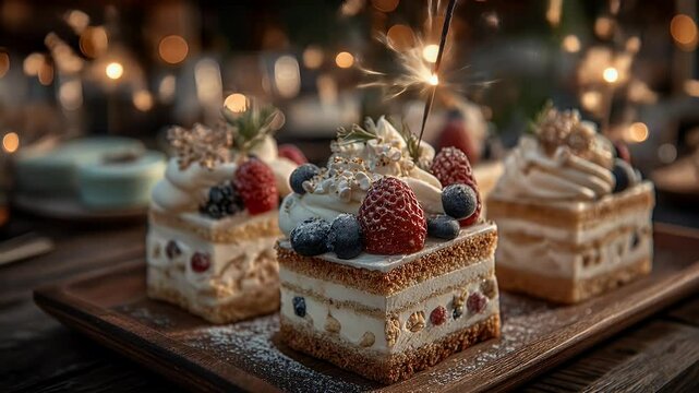 Delicious mini cakes with berries and cream cozy festive dessert