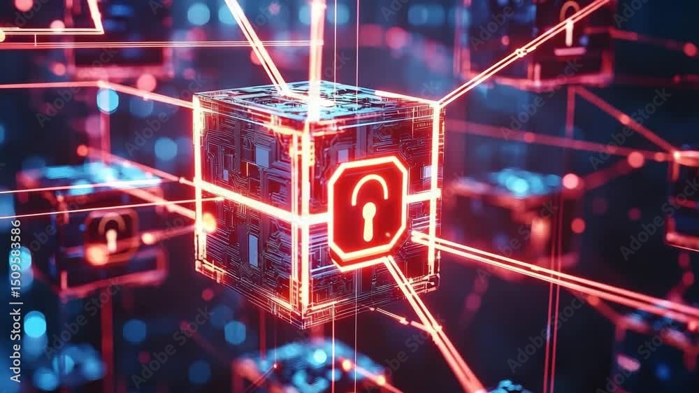 Poster A glowing digital cube with a red unlocked padlock symbol, surrounded by circuits and neon connections, representing cybersecurity vulnerability.
