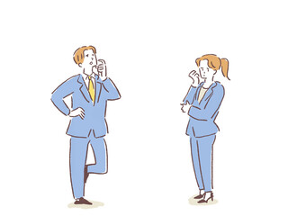 困った表情をするスーツを着た男性と女性、