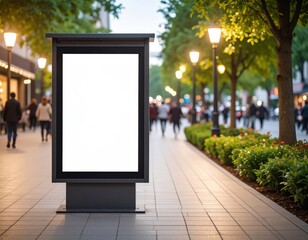 Blank billboard stands on a city sidewalk at dusk with blurred pedestrians and streetlights