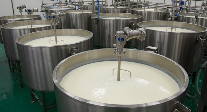 Dairy factory equipment with milk tanks
