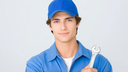 Young professional plumber blue uniform holding wrench confidently