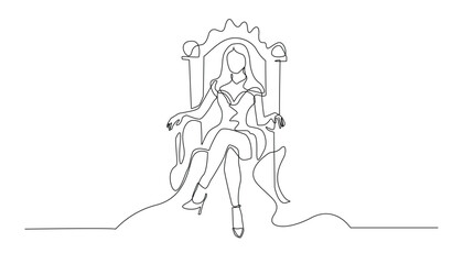 Queen on Throne, Single Line Vector Illustration, Isolated on White