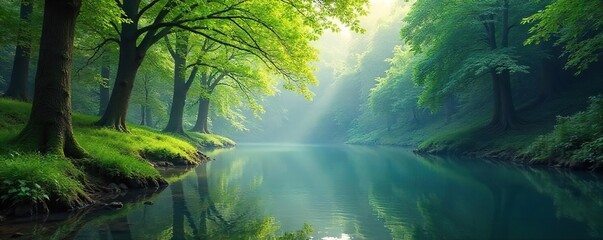 Serene nature scene perfect for promoting mindfulness and relaxation; ideal for meditation app or studio marketing Tranquil forest, calm water, peaceful landscape , peaceful landscape, focus
