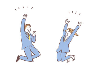 笑顔でジャンプするスーツを着た男性と女性、喜び