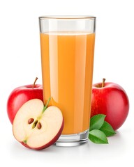 Refreshing Apple Juice in Glass with Whole and Sliced Red Apples on White Background