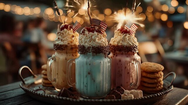 Festive creamy milkshakes with sparkler and cookies