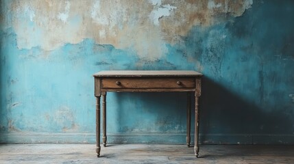 Antique wooden writing table against a distressed teal wall.
