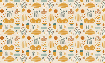Seamless Boho Abstract Pattern Hand-Drawn Rainbow Cloud Shapes Earth Tone Colors