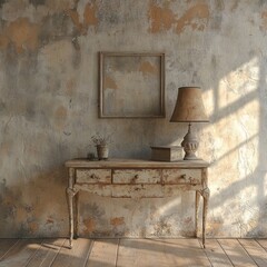 A rustic, antique-style console table in a room with distressed walls.