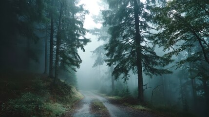 Fototapeta premium Misty Forest Road Enchanting Foggy Path Through Pine Trees