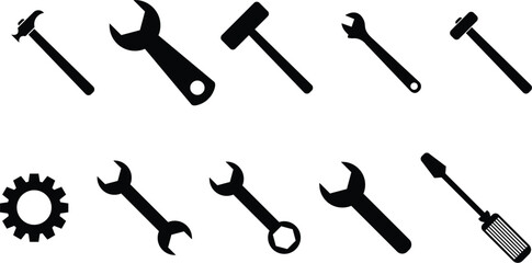 Silhouettes of Essential Hand Tools in Two Rows, Including Hammers, Wrenches, Screwdrivers, and a Gear