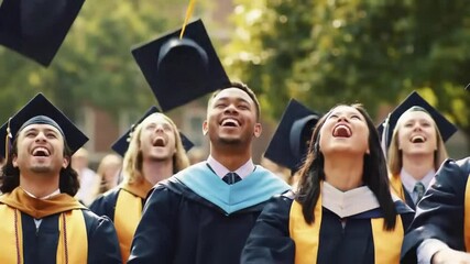 A group of graduates in gowns throwing their graduation caps in the air with happy expressions