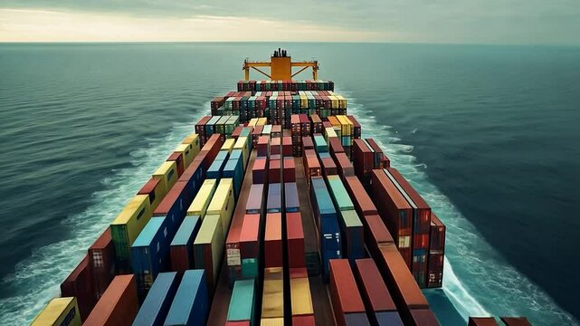 Container Ship at Sea;  Cargo ship's stern view; Ocean travel;  Cloudy sky background