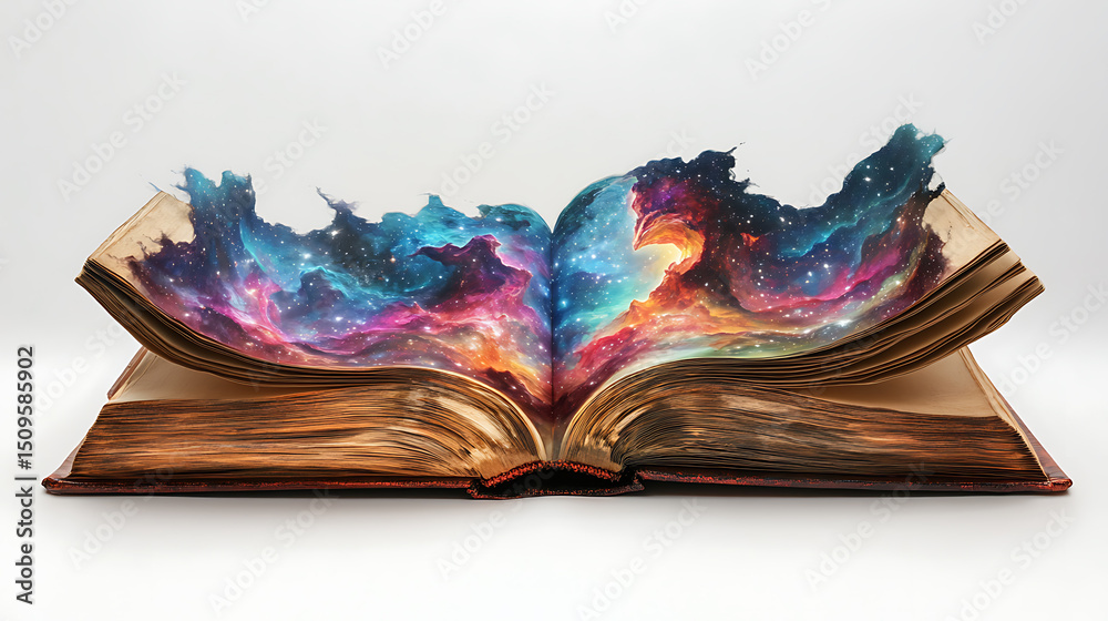 Wall mural an open book with pages transforming into a vibrant cosmic galaxy