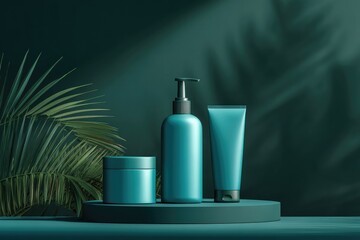 Teal cosmetic containers, pump bottle, tube, jar, on dark green background with palm fronds, sunlit shadows