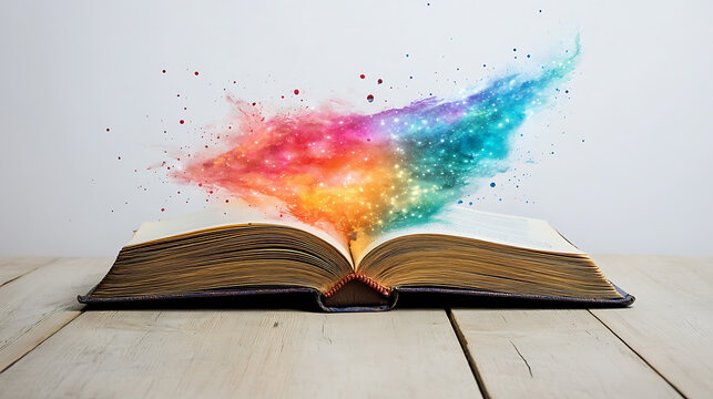 An open book releasing a burst of colorful, starry particles into the air - Powered by Adobe
