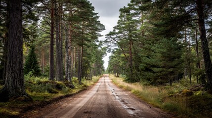 Fototapeta premium Rustic Gravel Road Winding Through a Pine Forest