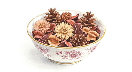 A watercolor painting features porcelain bowl, decorated with pink floral patterns, filled potpourri consisting of pinecones, dried flowers, and aromatic pods.