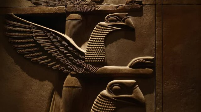 Ancient stone carving depicting mythical winged creature on building facade in Middle East culture