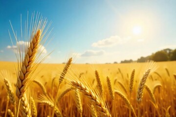 Golden wheat field gently swaying in the summer breeze, bathed in warm sunlight A picturesque landscape perfect for idyllic backgrounds or agricultural themes , organic, stems, farmland