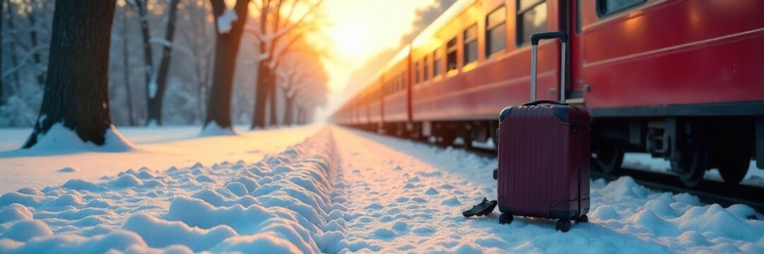 A lone suitcase sits by a departing train, symbolizing the escape from winter's chill to warmer climates The image evokes feelings of freedom and anticipation for spring , luggage, snow, get away