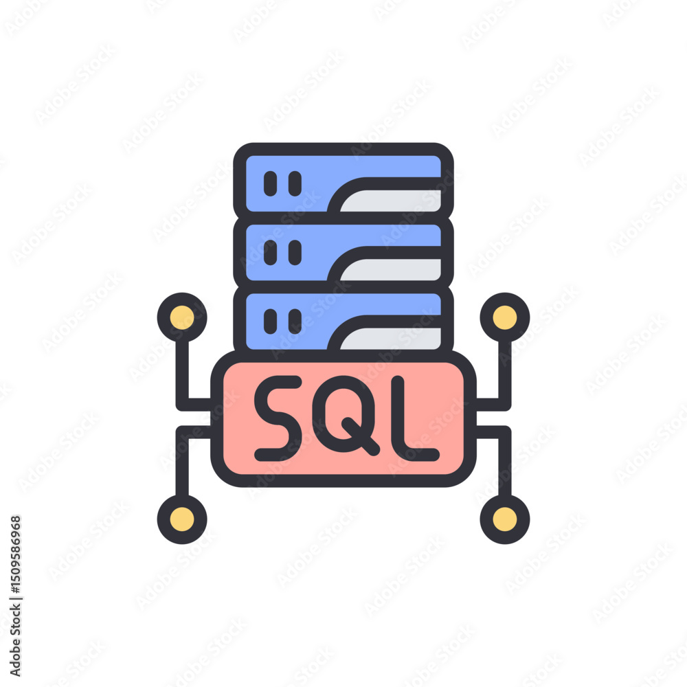 Poster sql database concept with server stacks and network connections