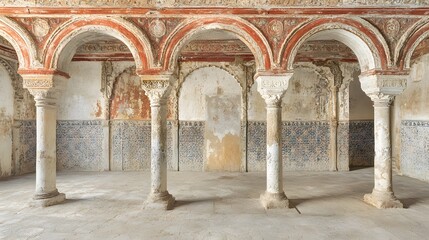 Ancient Hallway with Ornate Arches and Columns