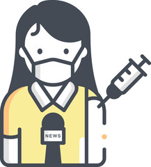 Female reporter wearing a mask holds a syringe and microphone during a news broadcast about vaccination, highlighting the importance of public health.
